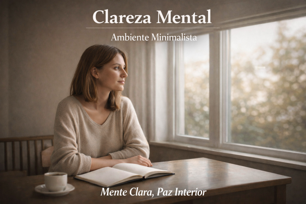 Pessoa sentada sozinha perto de uma janela ao amanhecer, com luz natural suave iluminando o ambiente minimalista, caderno aberto sobre a mesa e expressão calma e focada.