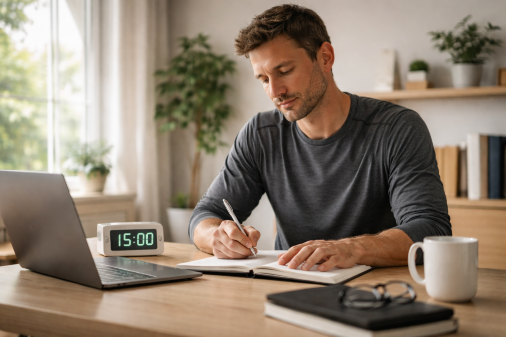 Pessoa trabalhando com foco tranquilo em uma mesa organizada, com um timer marcando 15 minutos ao lado, iluminada por luz natural da janela.