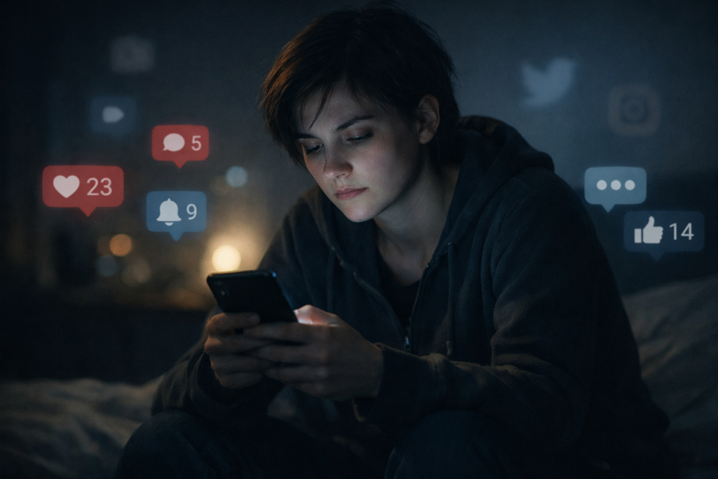 Jovem adulto em quarto escuro iluminado pela luz do celular, com expressão de cansaço mental, cercado por ícones desfocados de notificações nas redes sociais.