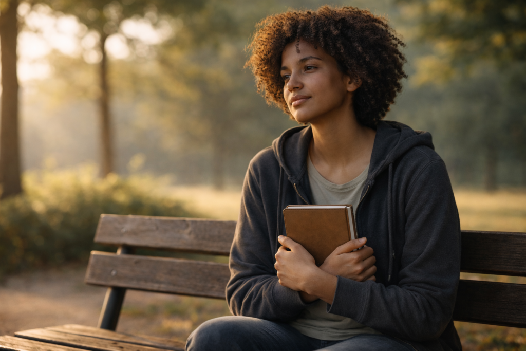 Mulher jovem com cabelo afro cacheado sentada em um banco de parque ao amanhecer, segurando um caderno fechado e olhando de forma reflexiva sob luz dourada suave.