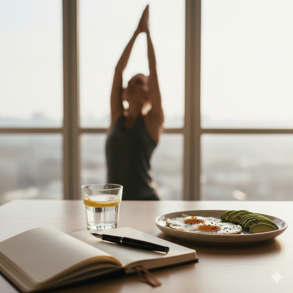 "Mesa de pequeno-almoço saudável com ovos, abacate, água com limão e diário aberto, com uma mulher a alongar-se ao fundo perante uma janela ensolarada."
